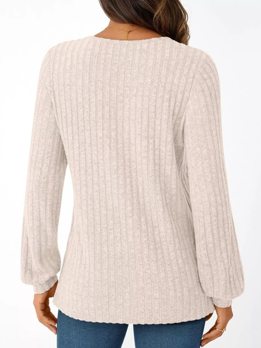 Ribbed Knit V-Neck Long Sleeve T-Shirt