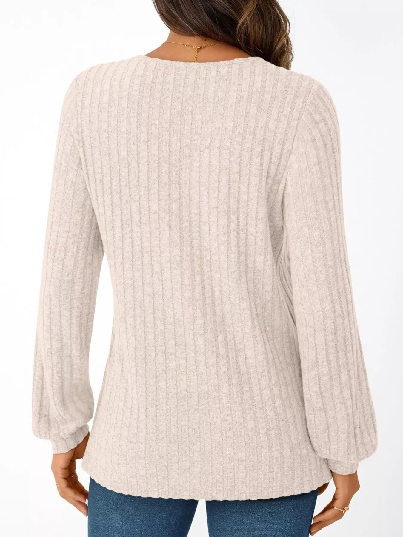 Ribbed Knit V-Neck Long Sleeve T-Shirt