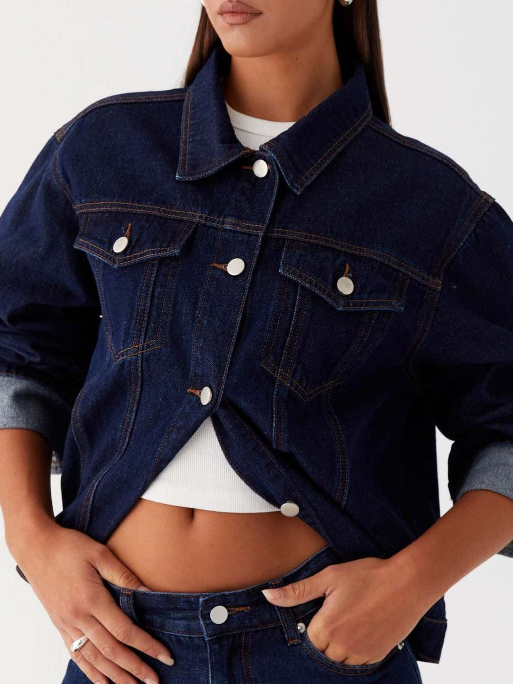 Button Down Cropped Oversized Denim Jacket