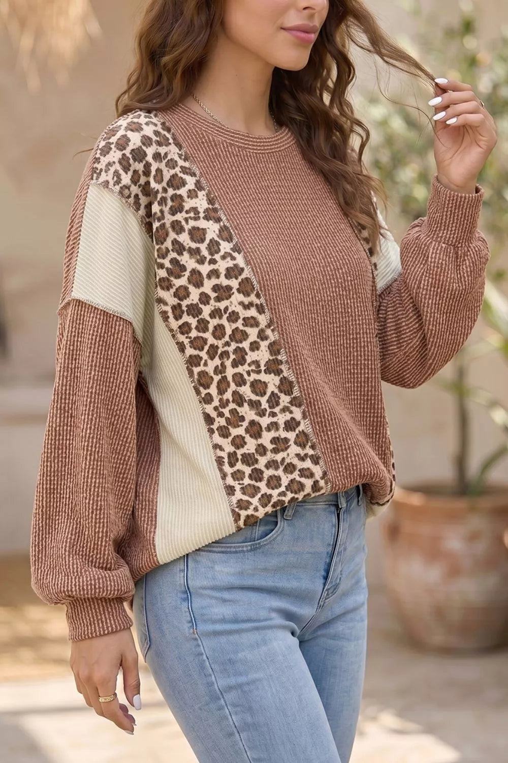 Leopard Print Colorblock Ribbed Knit Blouse