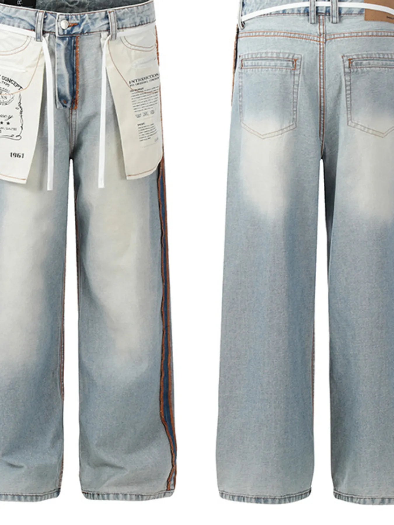 Men's Wide-Leg Jeans with Contrast Side Stripes and Decorative Patches