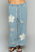 POL Floral Patch Washed Textured Twill Pants with Crochet See Thru Patch