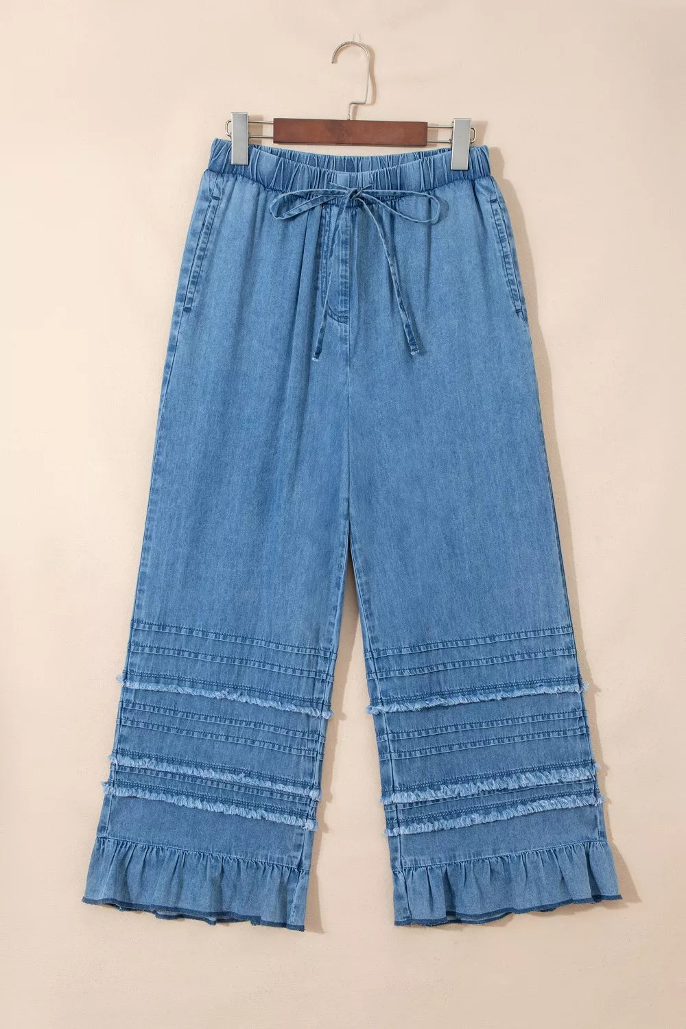 Ruffled Hem Wide Leg Chambray Pants