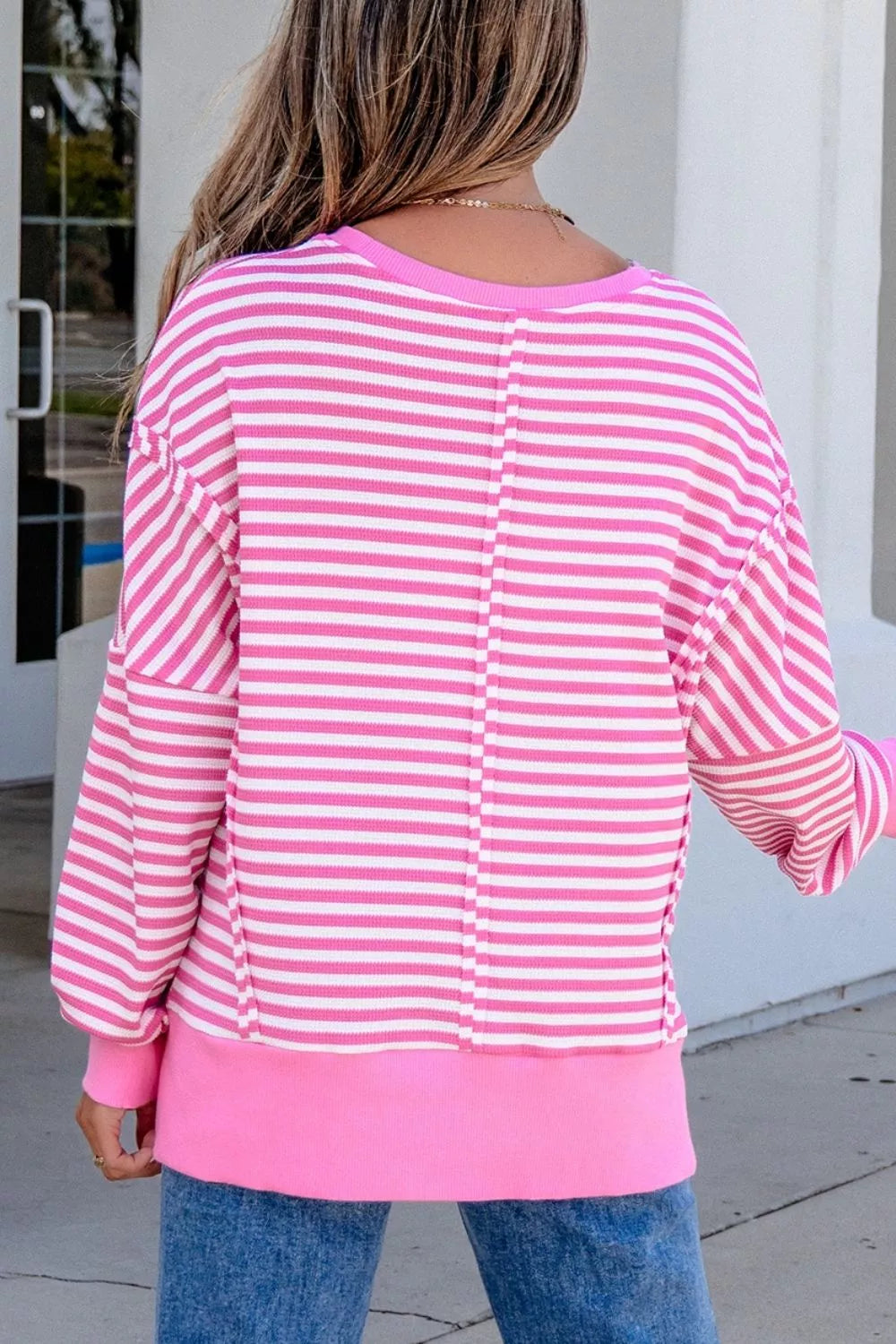Stripe Textured Knit Color Block Trim Split Hem Long Sleeve Top