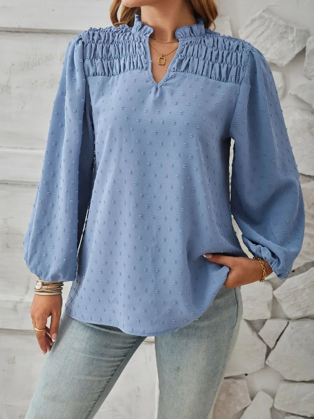 Ruched Swiss Dot Notched Balloon Sleeve T-Shirt