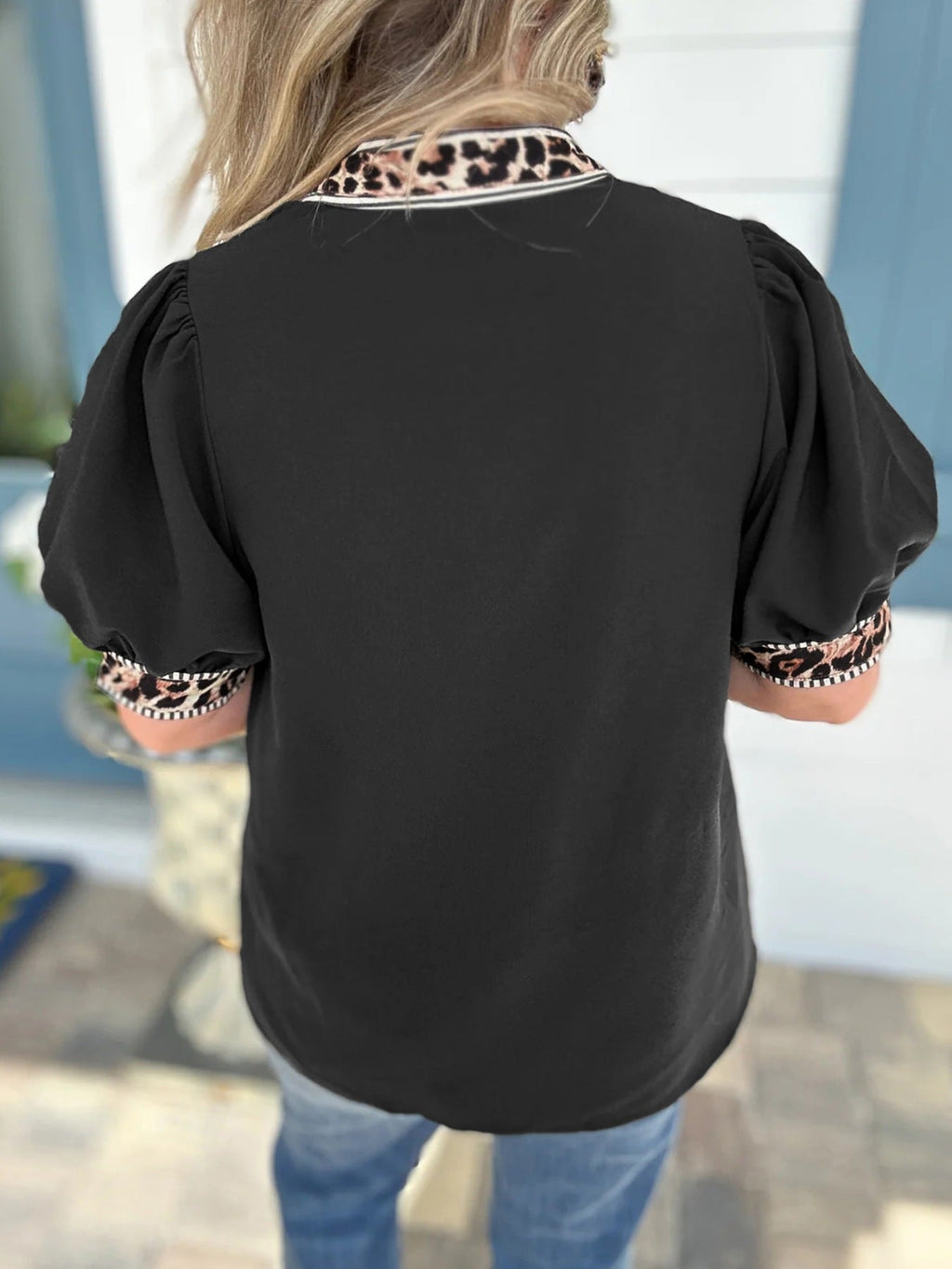 Leopard Trim Puff Sleeve Blouse
