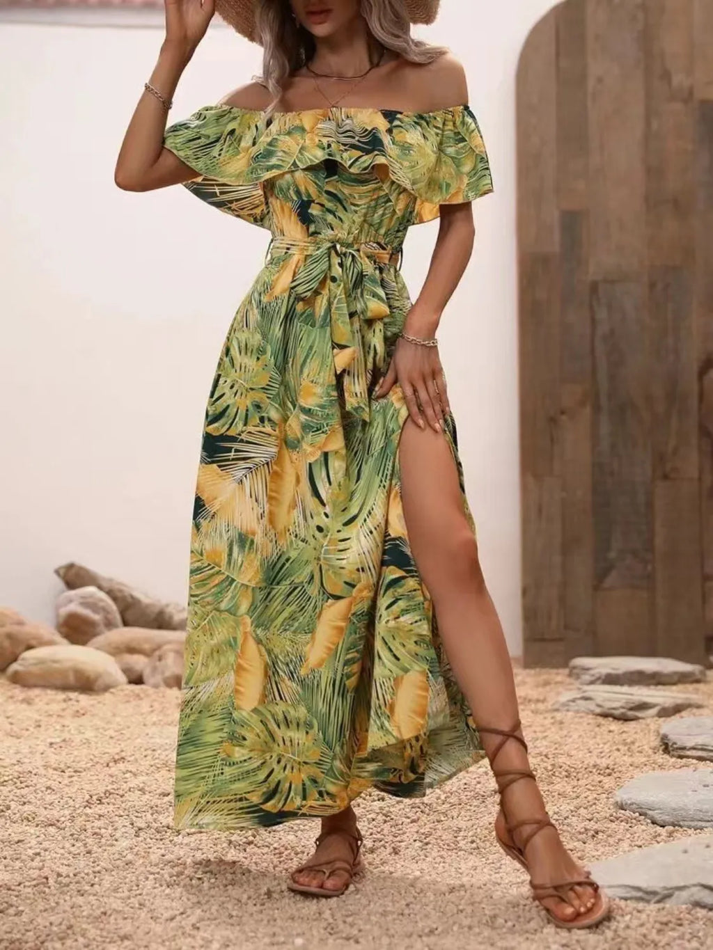 Ruffled Printed Off Shoulder Maxi Dress