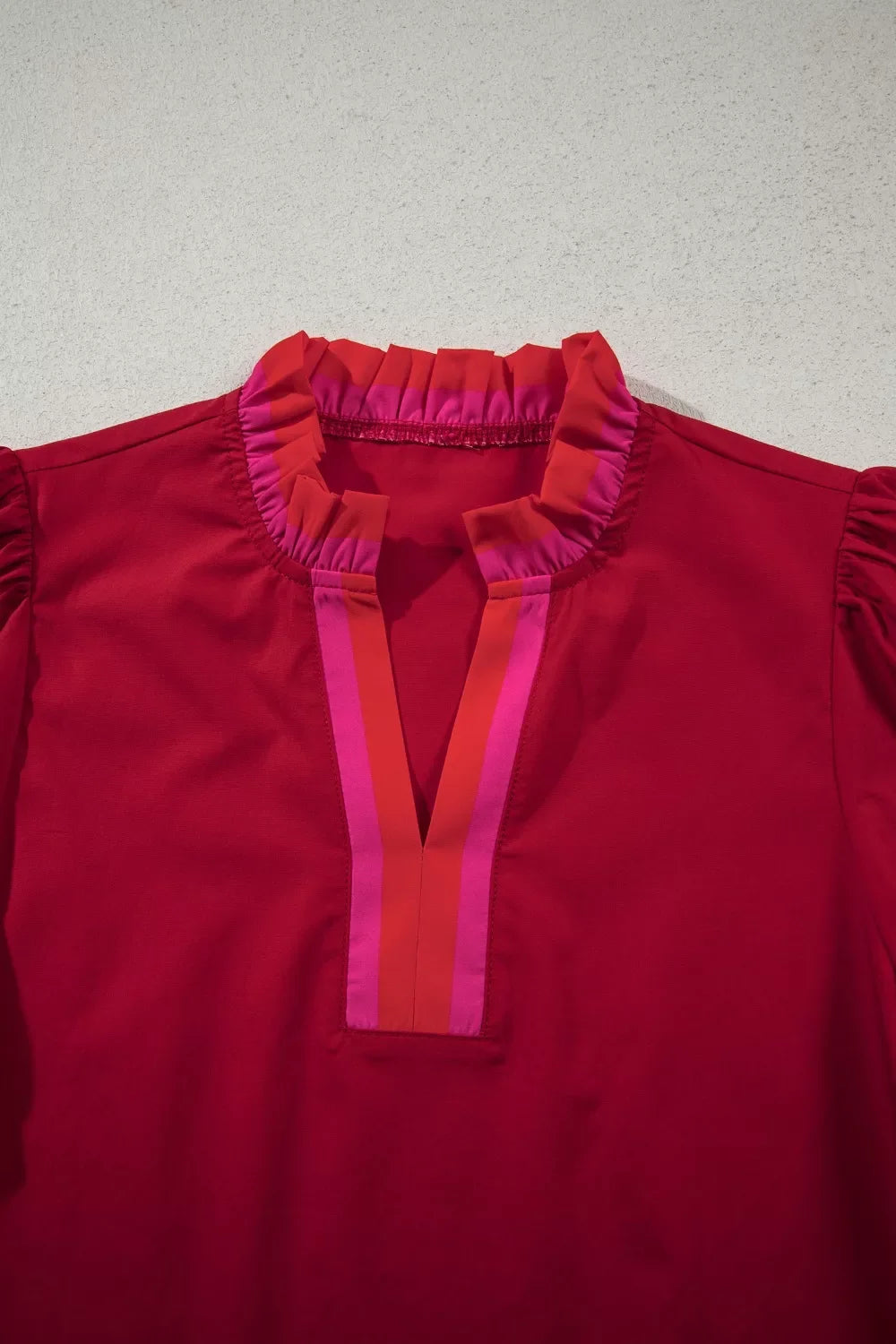 Ruffled Sleeve Notched Blouse with Striped Detail