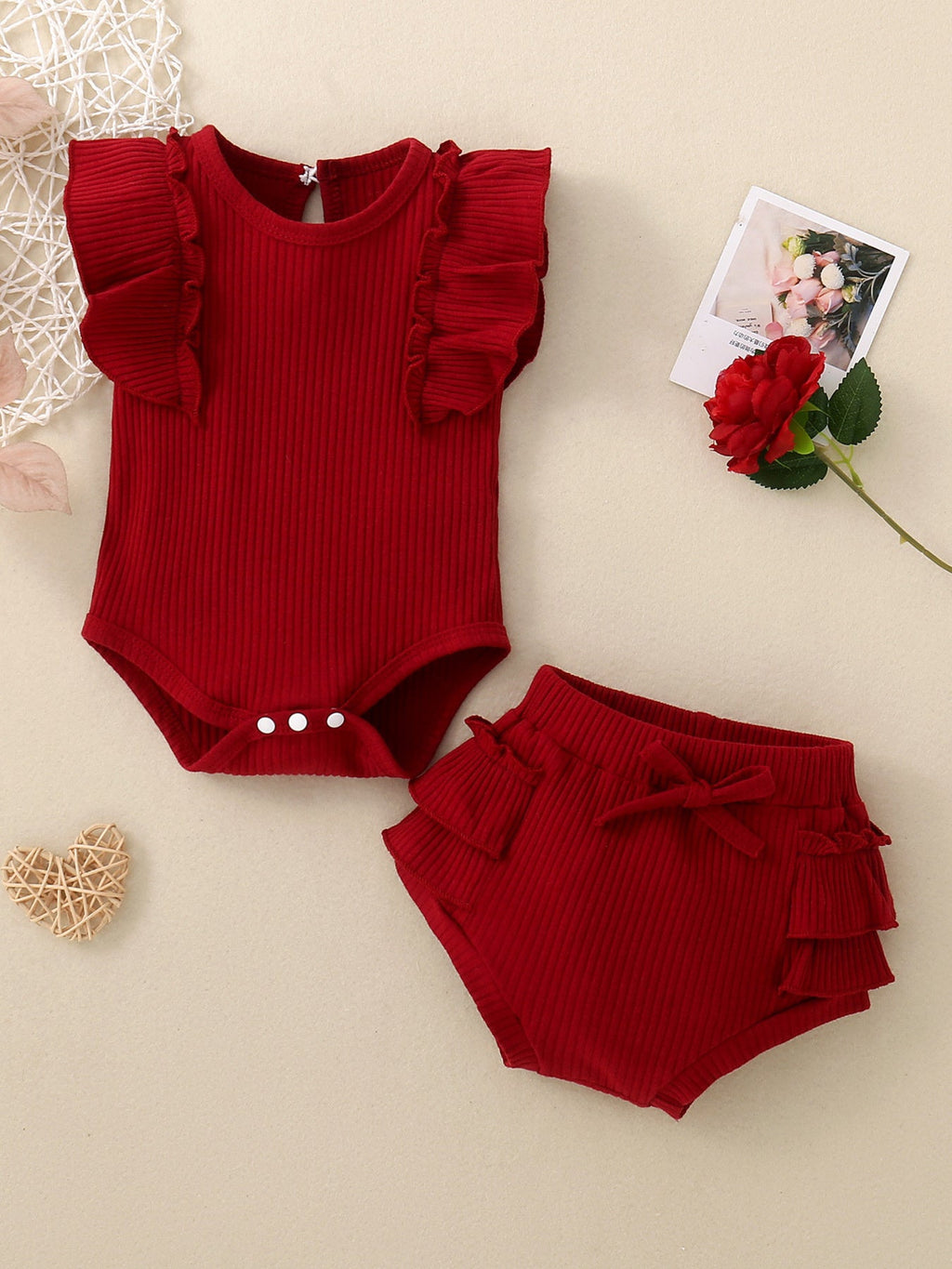 Children's Ribbed Ruffle Trim Bodysuit & Shorts Set