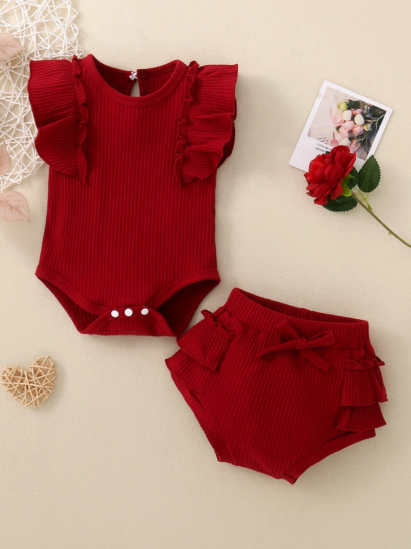 Children's Ribbed Ruffle Trim Bodysuit & Shorts Set
