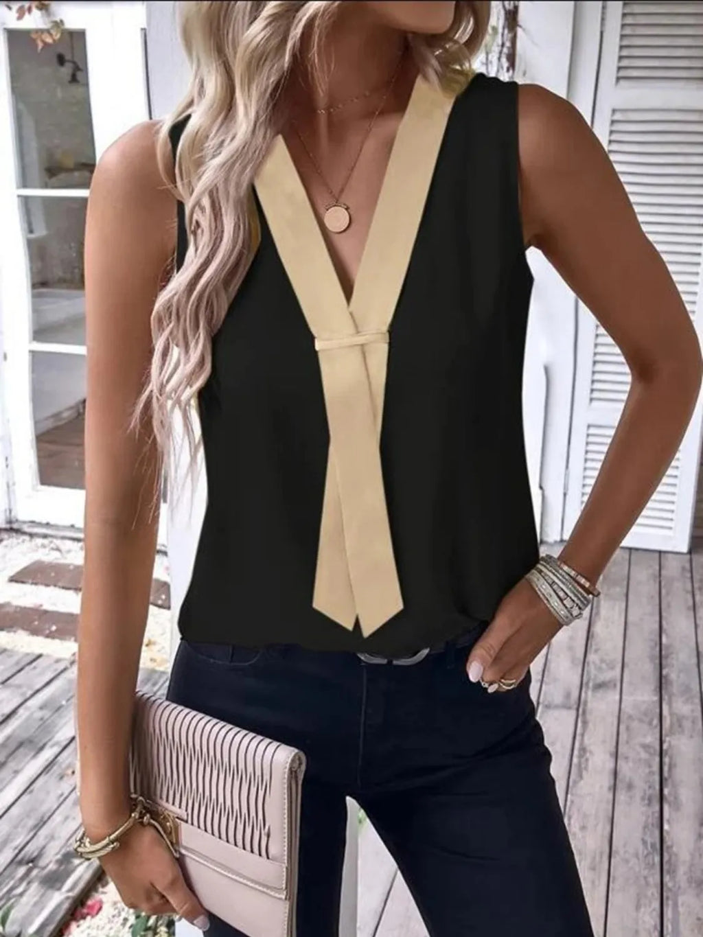 Full Size  V-Neck Contrast Tank Plus Size