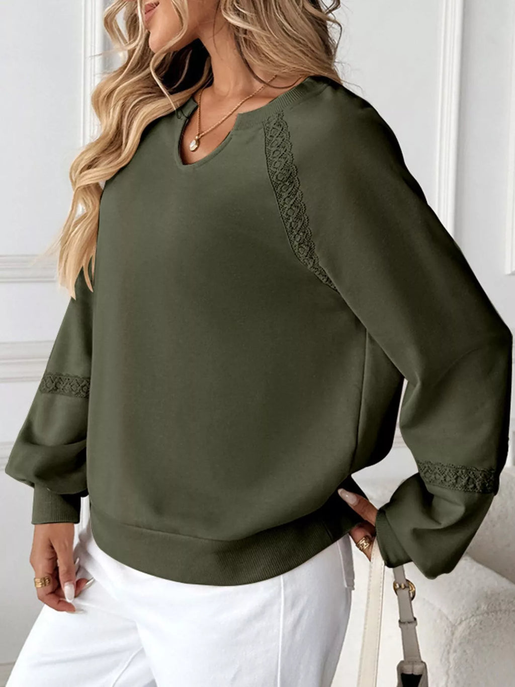 Notched Raglan Sleeve Sweatshirt