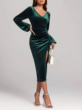 Velvet Long Sleeve Slit Midi Dress