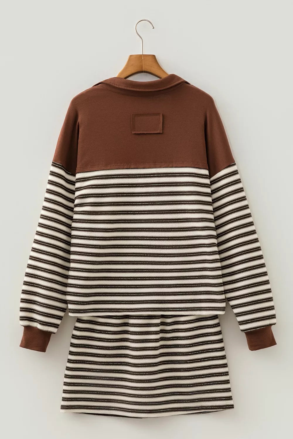 Stripe Contrast Trim Button Neck Long Sleeve Top Drawstring Mini Skirt Set
