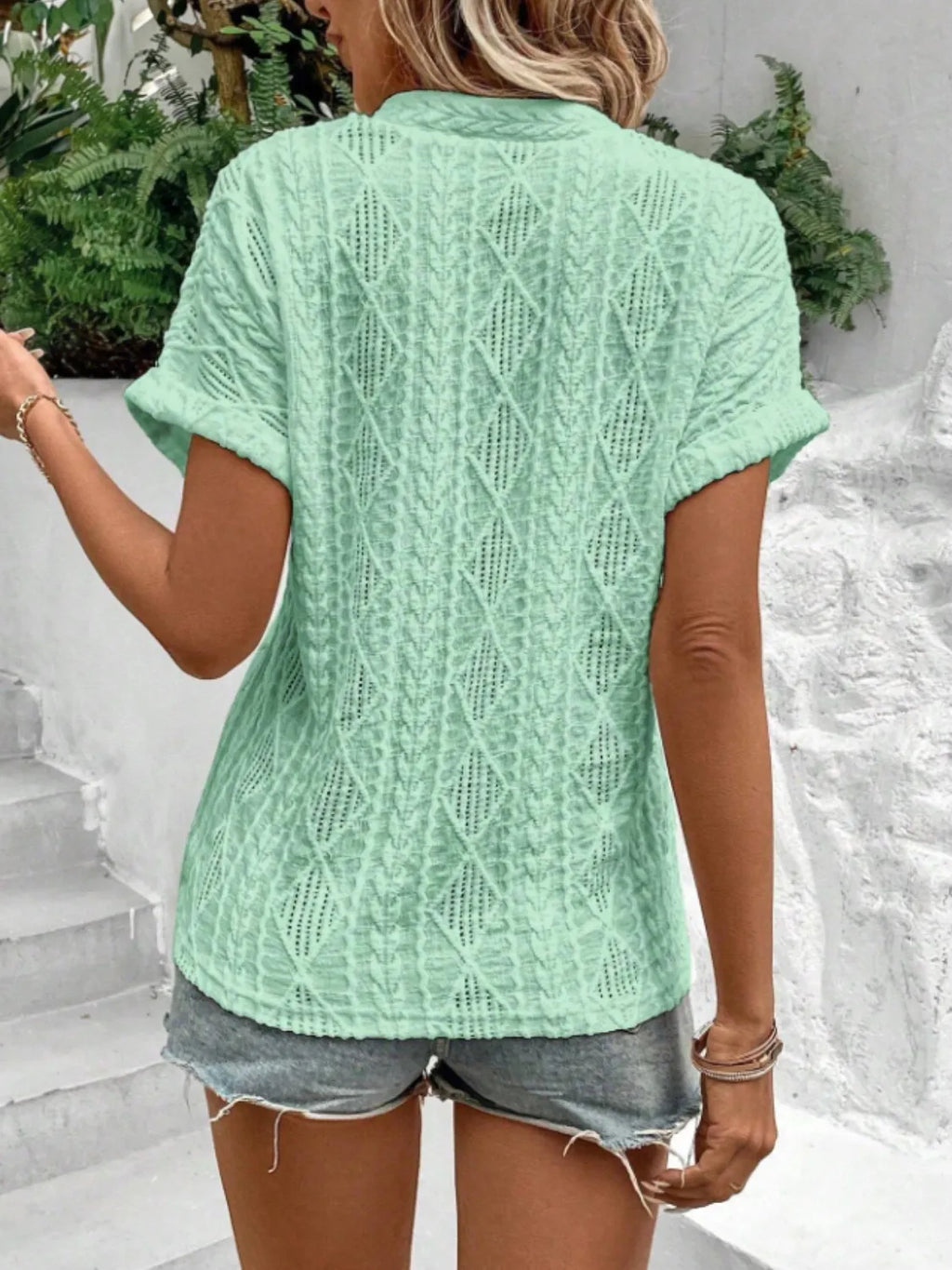 Openwork Notched Short Sleeve Blouse