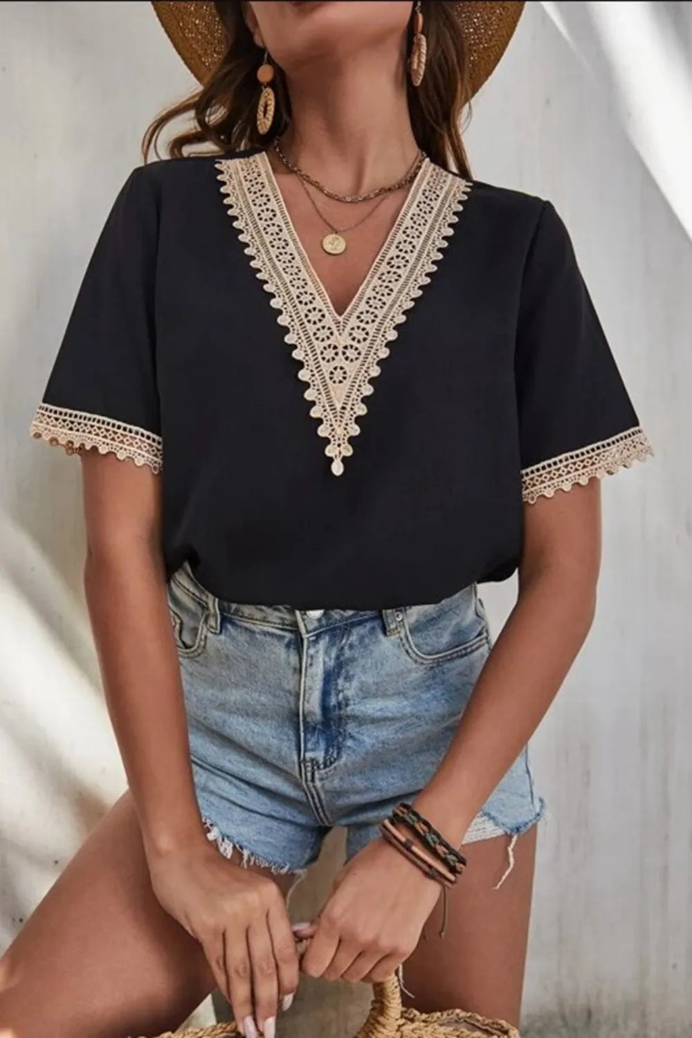 Full Size Lace Detail V-Neck Short Sleeve Blouse Plus Size