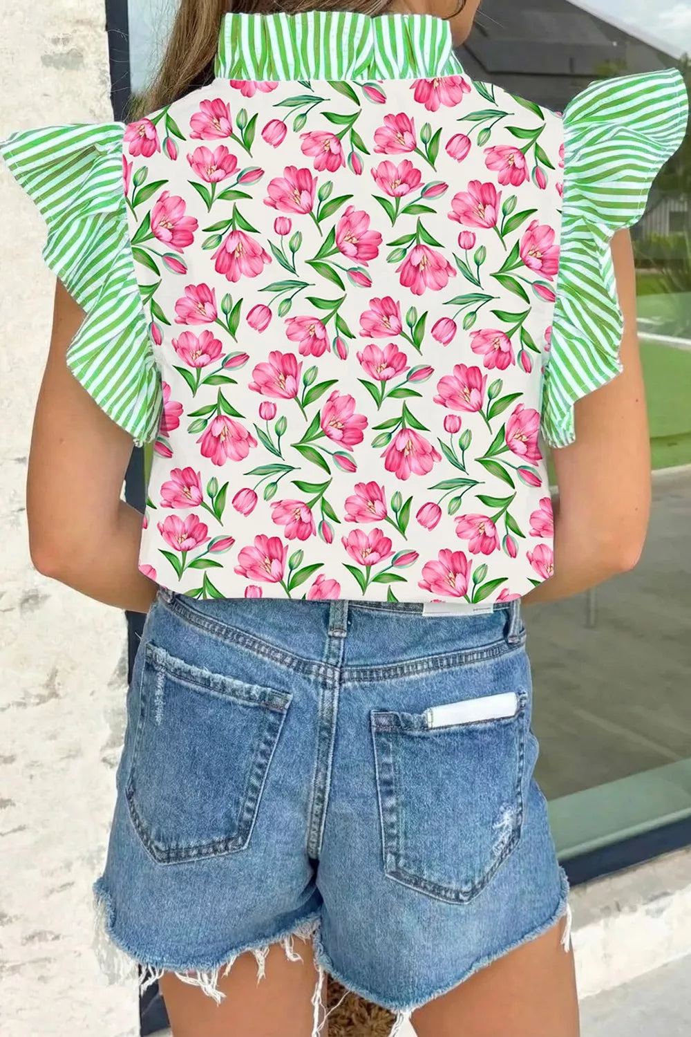 Floral Print Striped Ruffle Trim V Neck Blouse