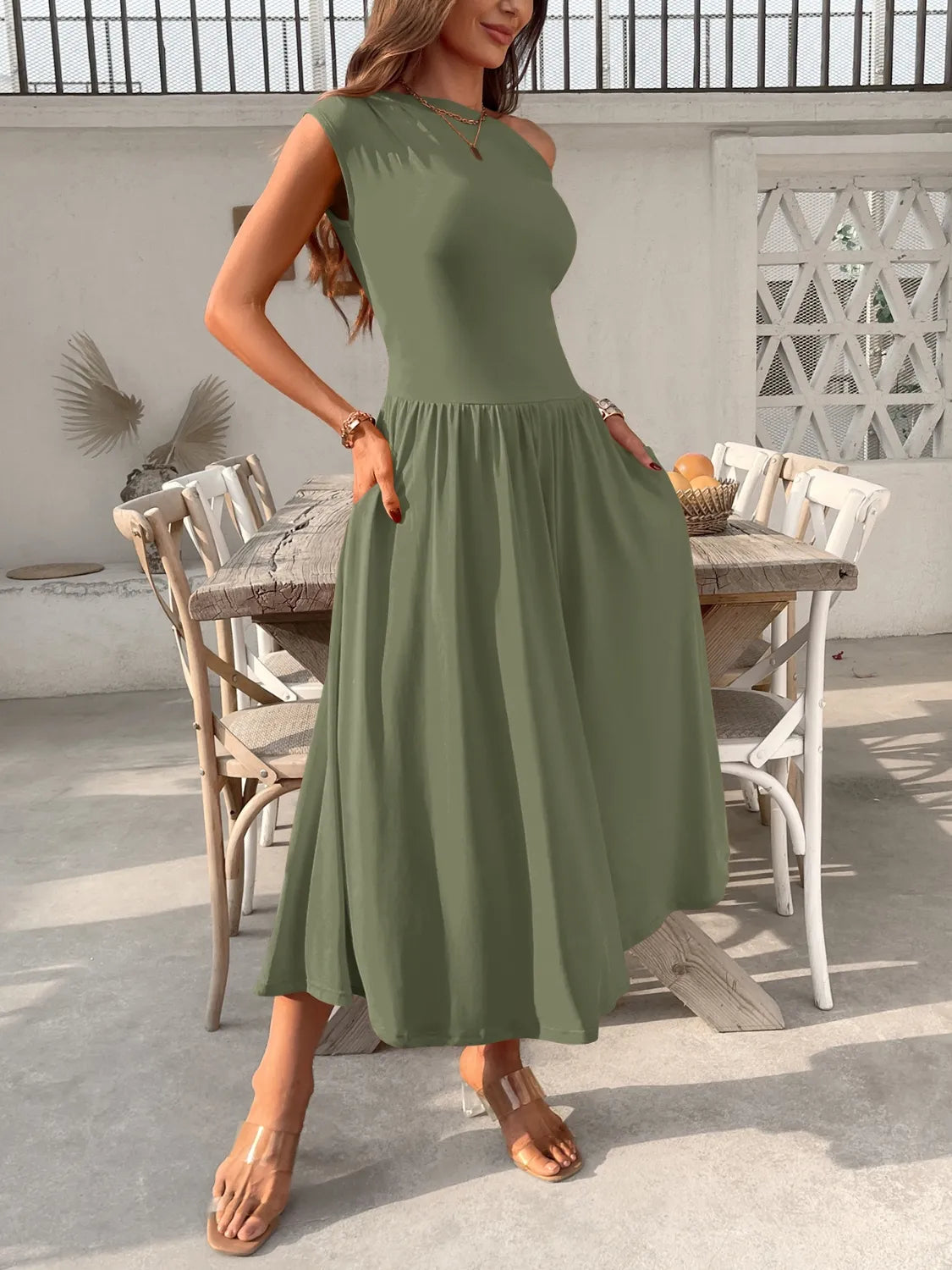 Single Shoulder Midi Dress with Pockets