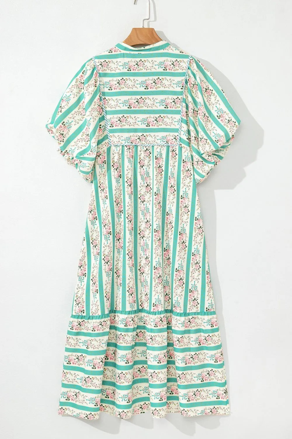 Striped Floral Print Tie Neck Puff Sleeve Midi Dress
