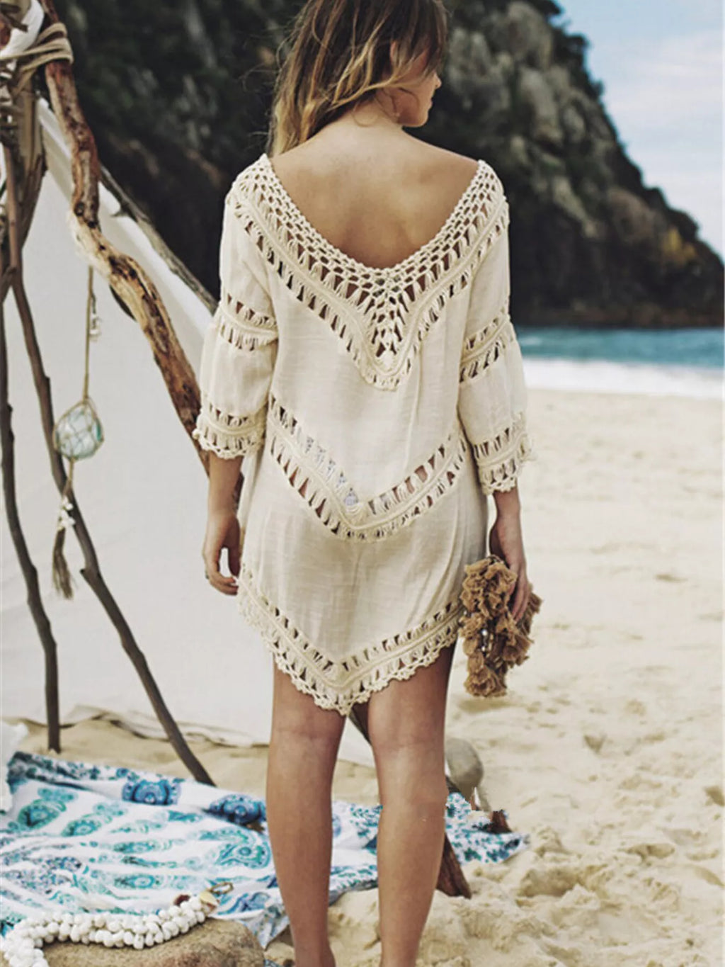 Crochet Trim V-Neck Cover Up