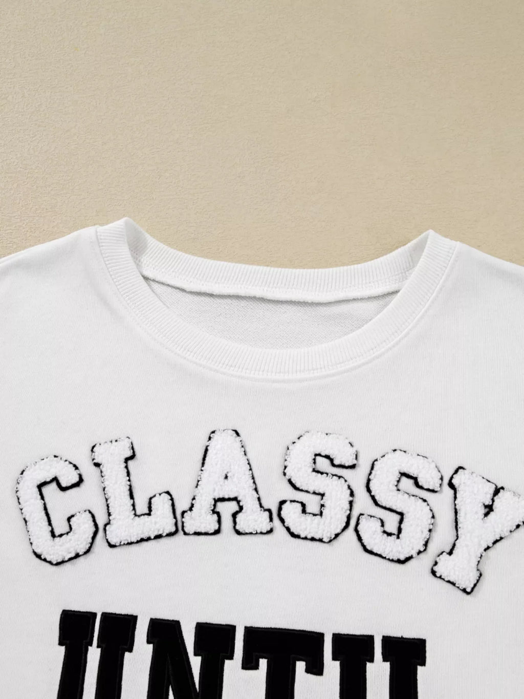 CLASSY UNTIL KICKOFF Plush Letter Patched Loose Sweatshirt