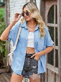 Short Sleeve Collared Neck Denim Shacket with Pockets