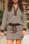 Stripe Contrast Trim Button Neck Long Sleeve Top Drawstring Mini Skirt Set