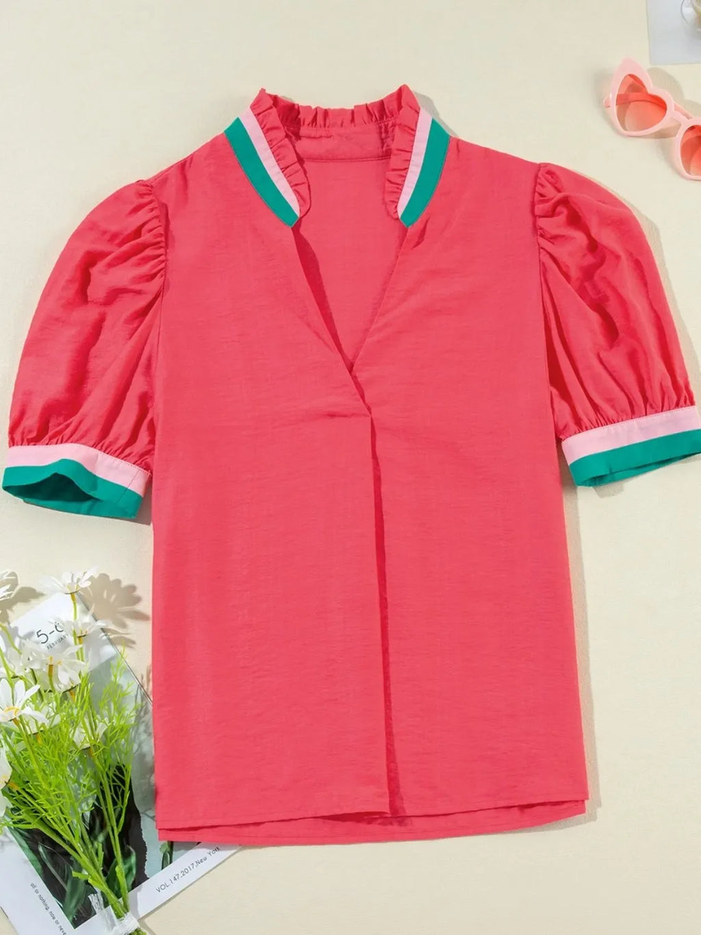 Carrot Colorful Trim V Neck Short Sleeve Blouse