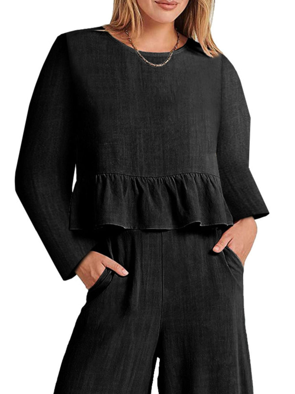 Full Size Ruffled Hem Long Sleeve Top and Pants Set Plus Size