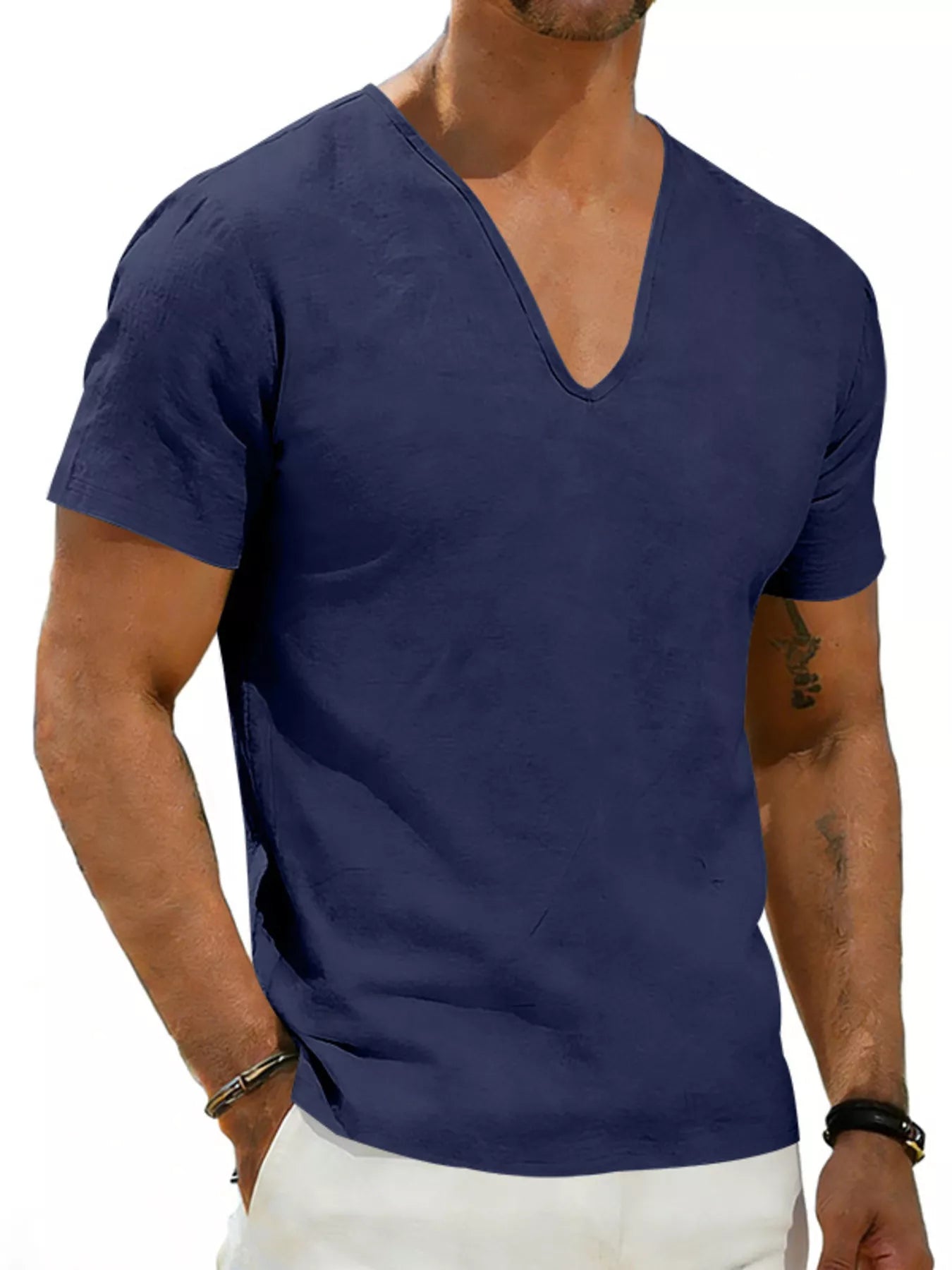 Men's Full Size Casual V-Neck Linen T-Shirt Plus Size