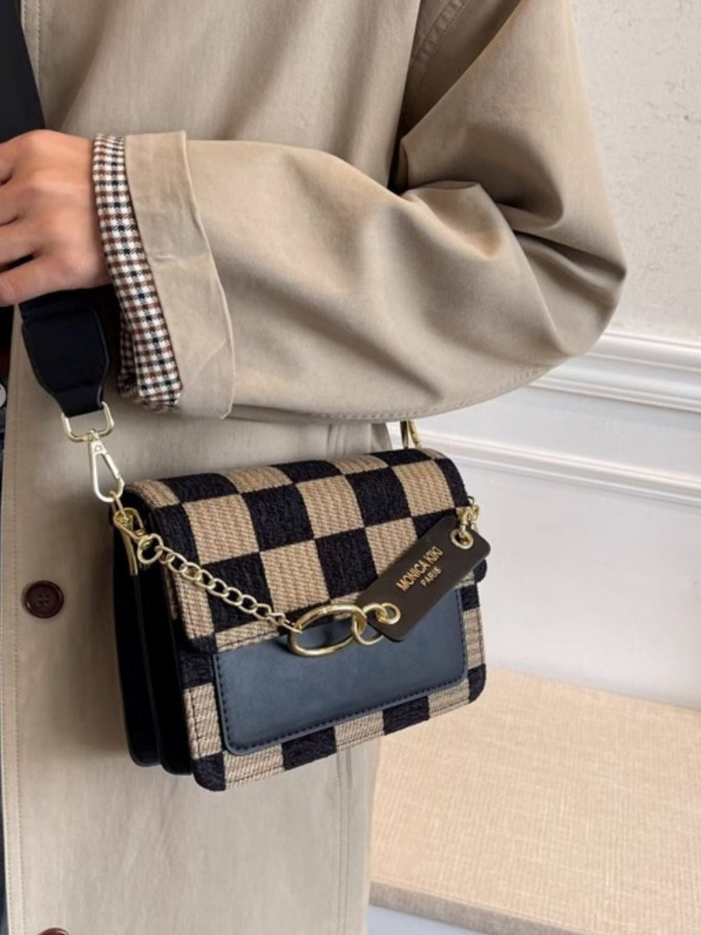 Checkered Pattern Flap Crossbody Bag