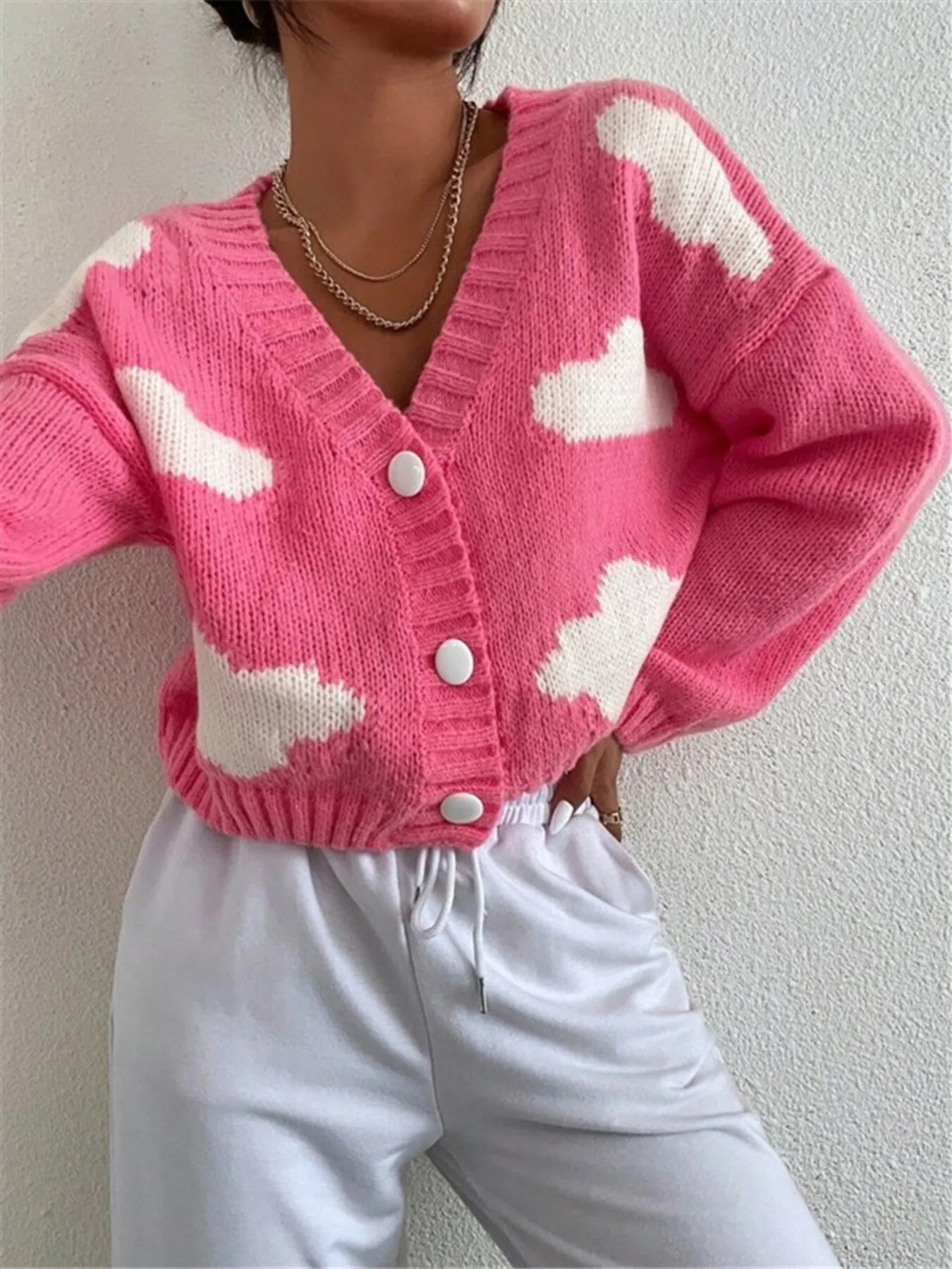 Contrast Cloud Pattern Cropped Button-Up Cardigan