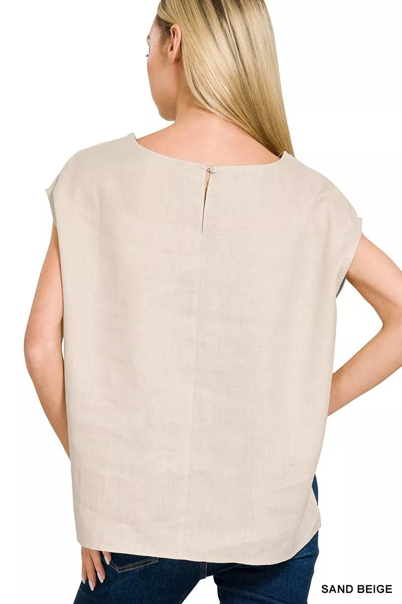 Zenana Linen Round Neck Cap Sleeve Top