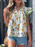 Floral Print Ruffle V-Neck Pressed Pleats Binding Tape Cotton Blouse