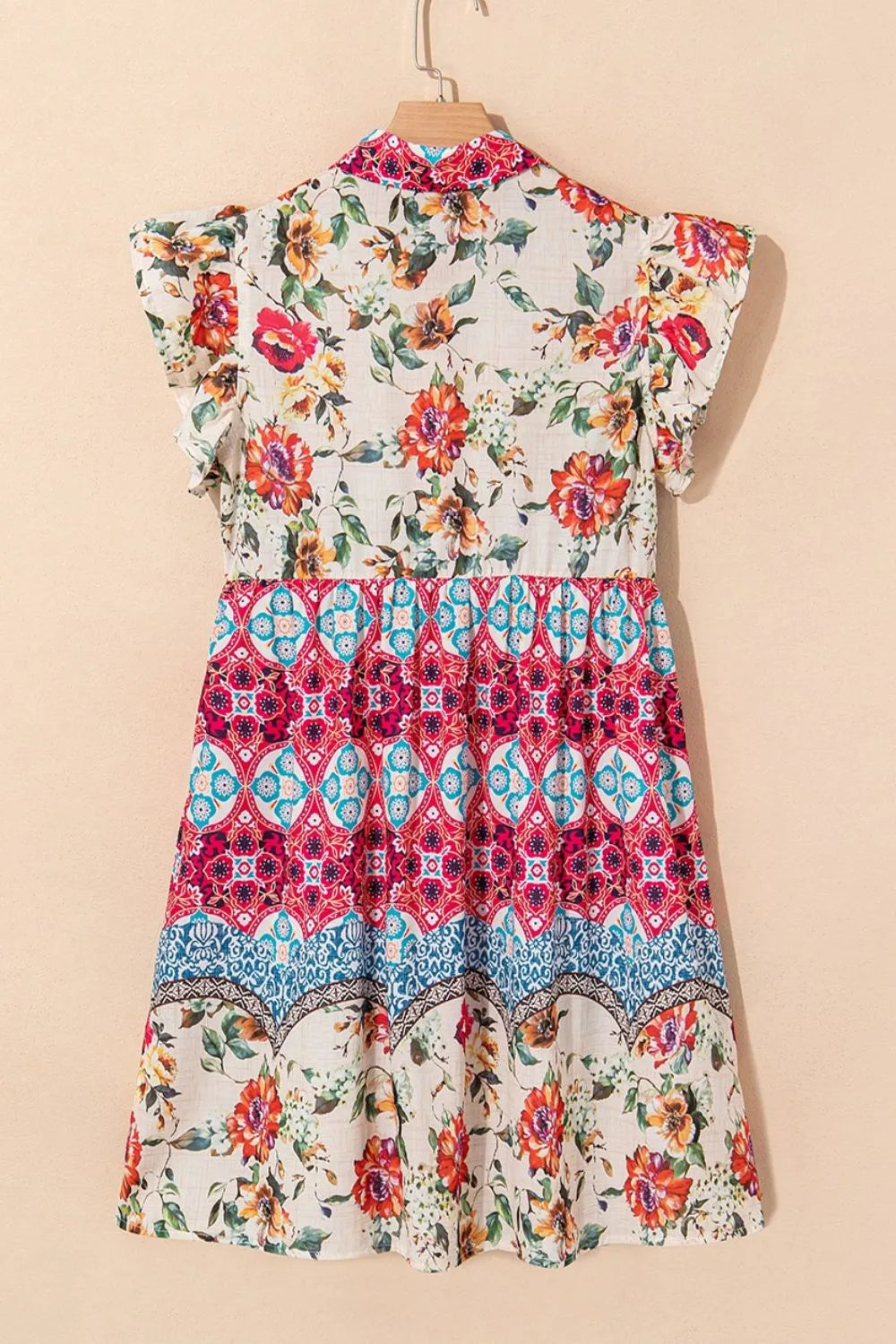 Floral Mixed Pattern Ruffle Flutter Sleeve Buttoned Dress