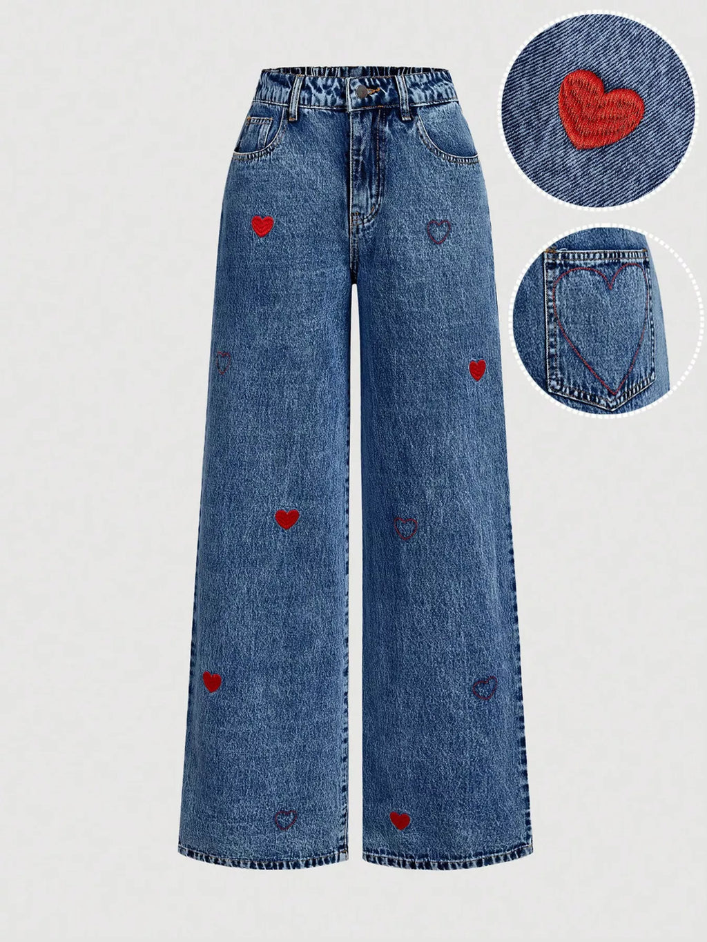 Embroidered Heart Wide-Leg Jeans