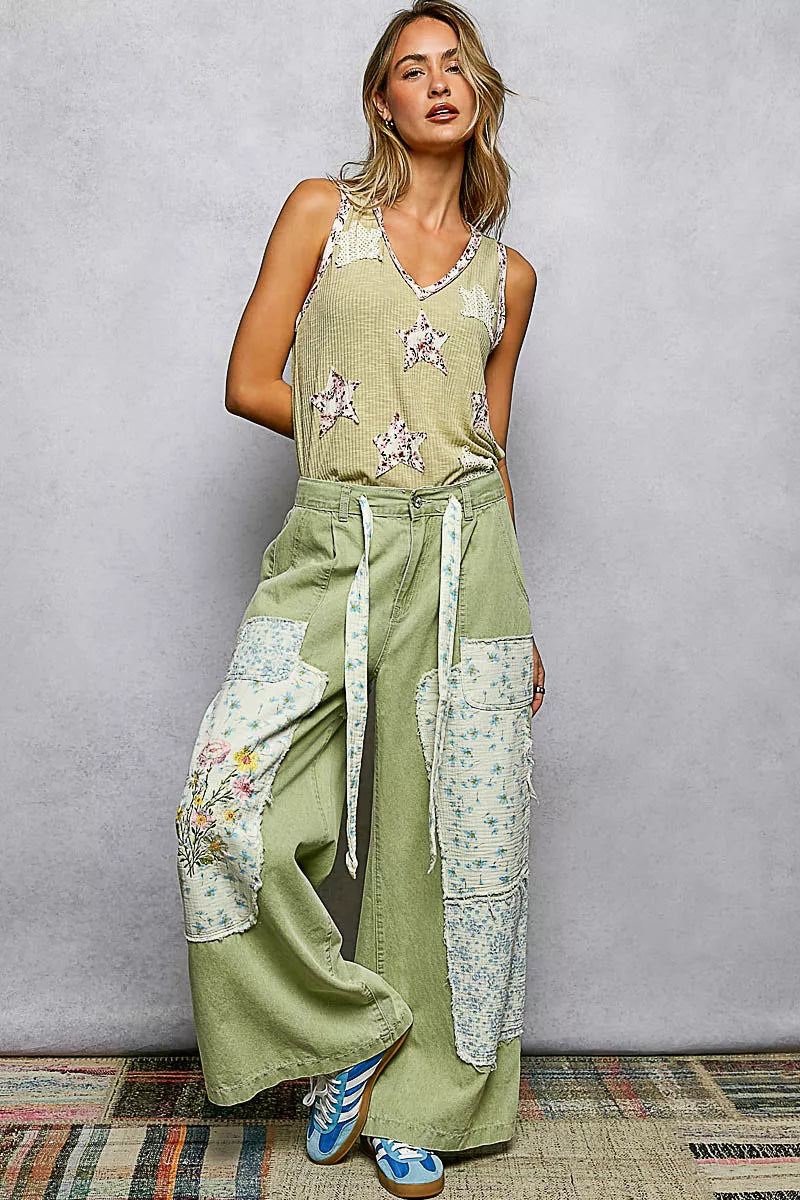 POL Floral Print Star Patch V-Neck Ribbed Tank