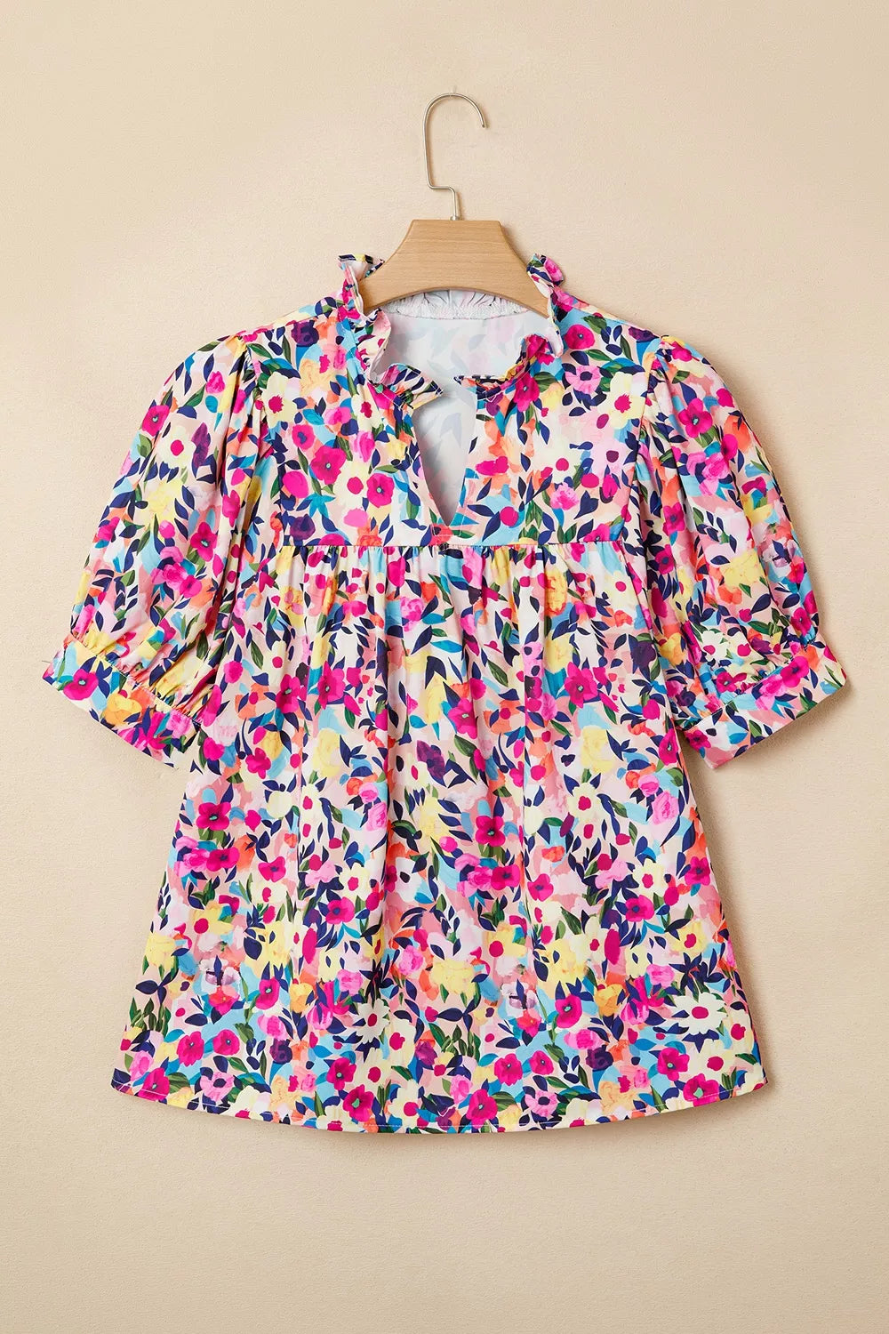 Flower Print Frilled Collar Short Puff Sleeve Summer Blouse