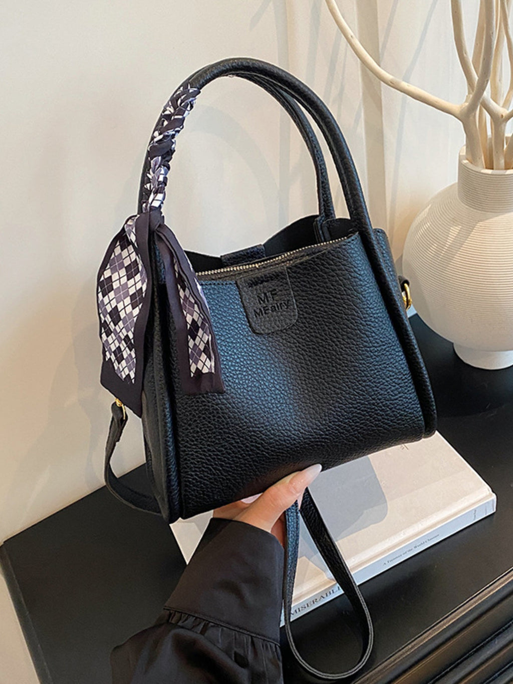 Leather Crossbody Bag with Scarf Accent