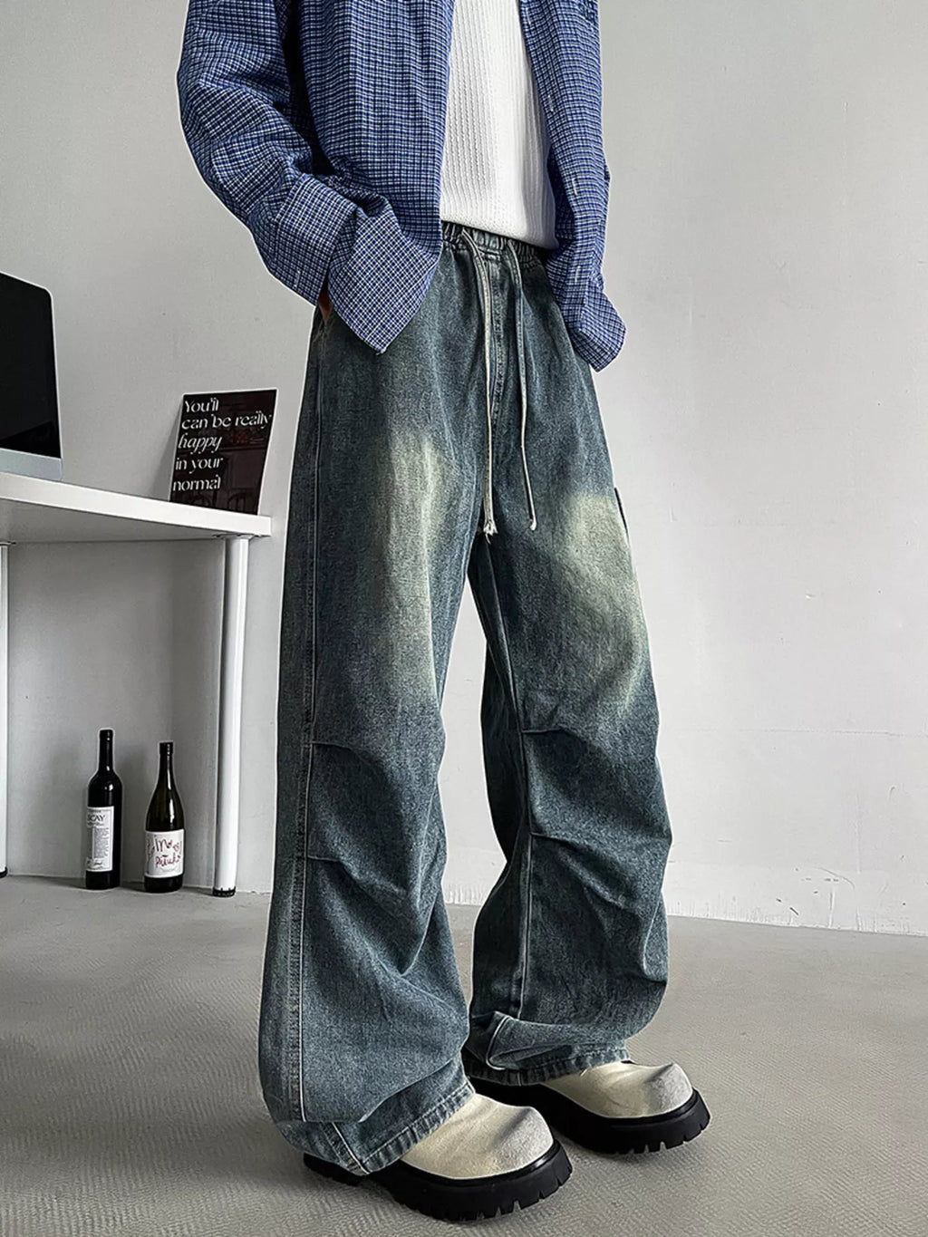 Men's Plus Size Loose Fit Cargo Jeans with Drawstring