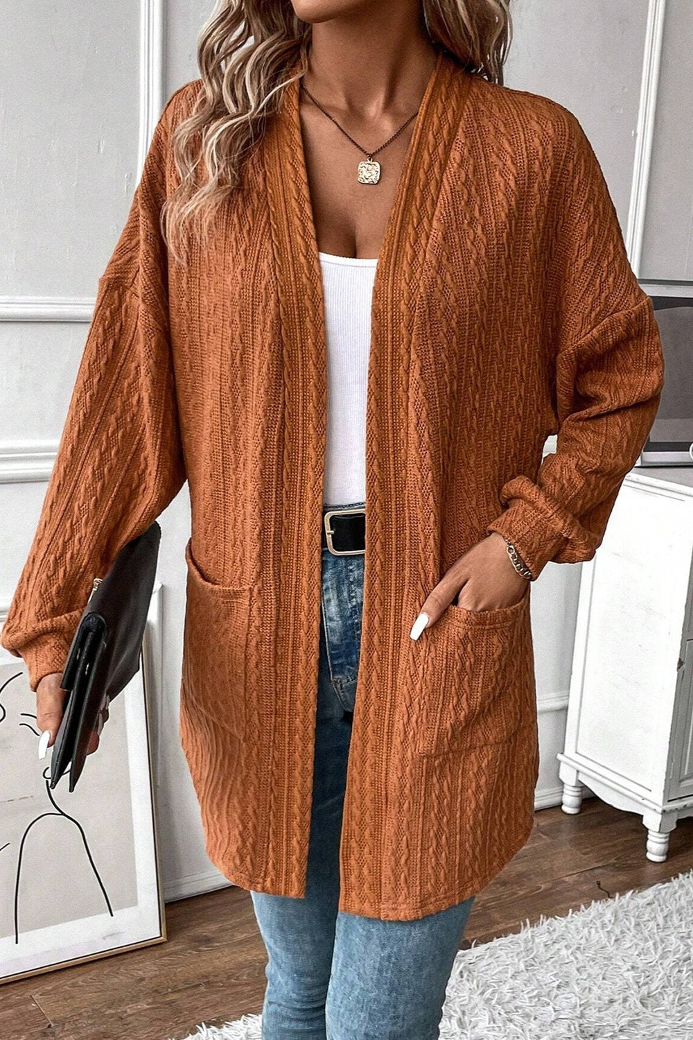 Textured Knit Open Front Cardigan