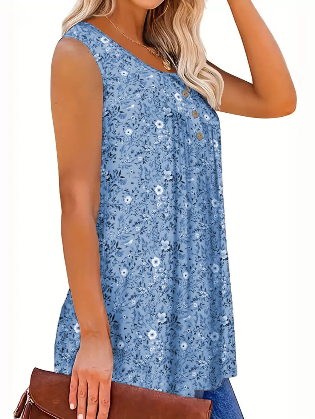 Full Size Floral Print Button Detail Tank Plus Size