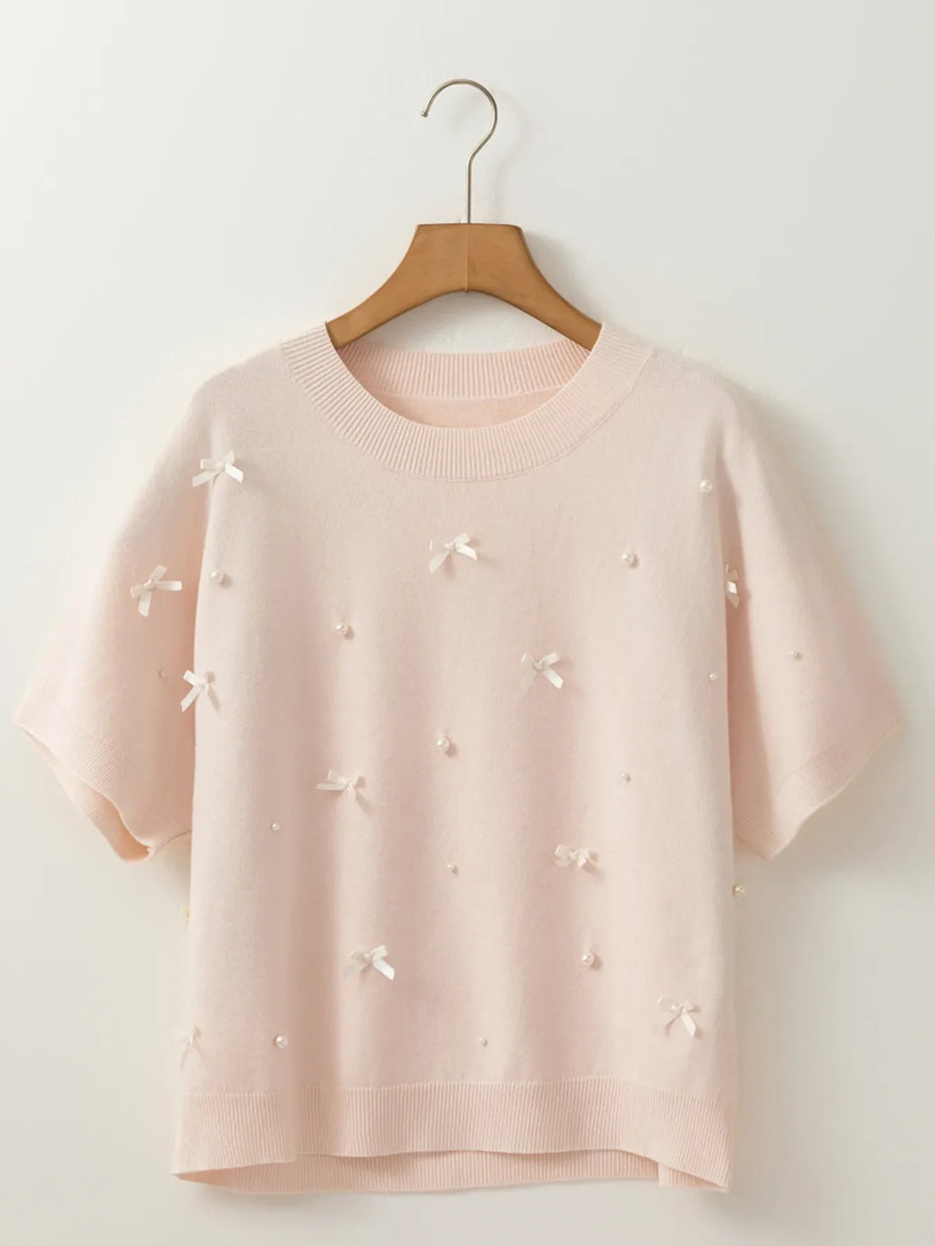 Pearl Embellished Bow Detail Short Sleeve Sweater