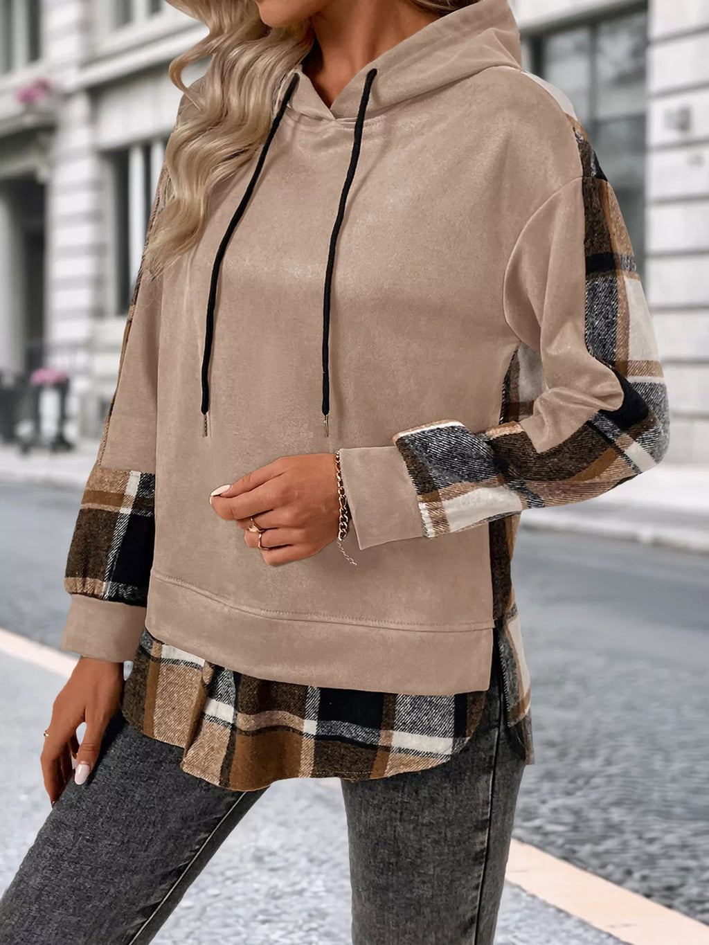 Plaid Drawstring Long Sleeve Hoodie