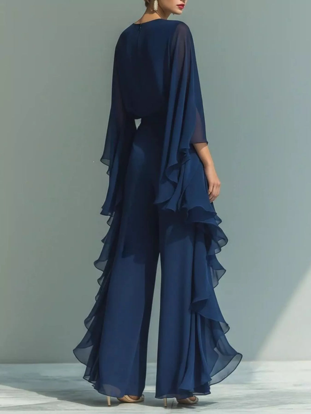Ruffled Chiffon Long Sleeve Top and Pants Set