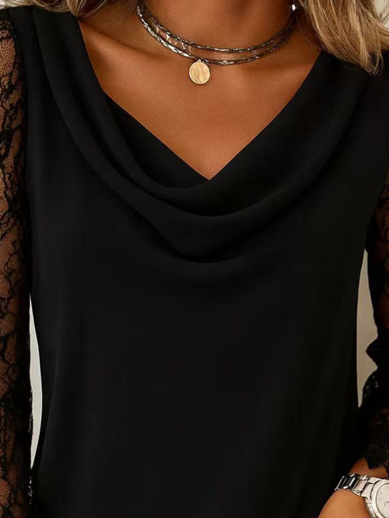 Lace Sleeve Cowl Neck Blouse
