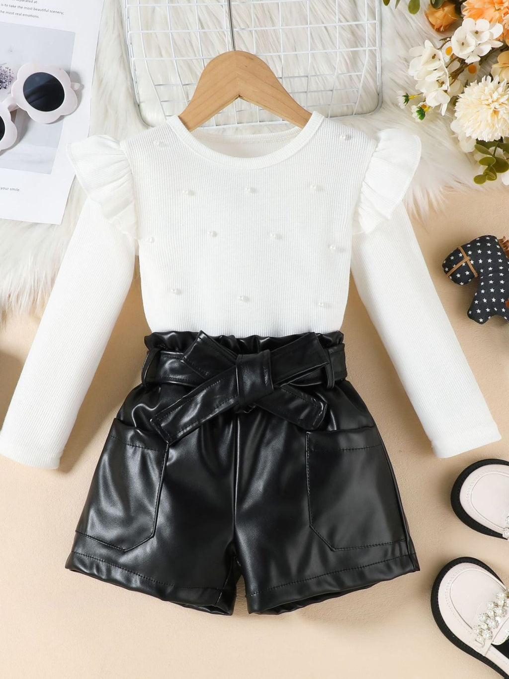 Children's Ruffled Pearl Embellished Top & Faux Leather Shorts Set with Belt