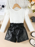 Children's Ruffled Pearl Embellished Top & Faux Leather Shorts Set with Belt