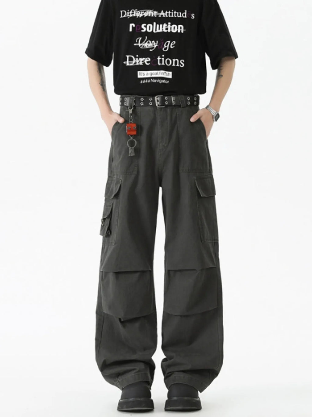 Men's Wide Leg Cargo Pants with Ruched Detail