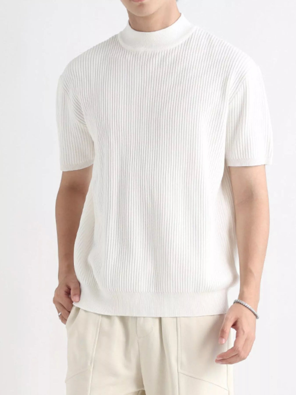 Men's Plus Size Ribbed Knit Mock Neck Short Sleeve T-Shirt
